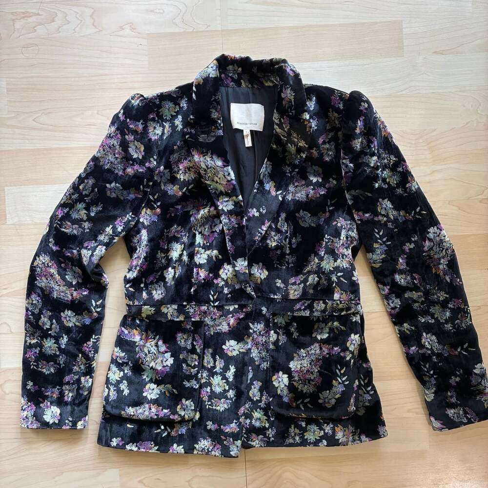 Rebecca Taylor Jewel Floral Print Velvet Blazer Black Size 6